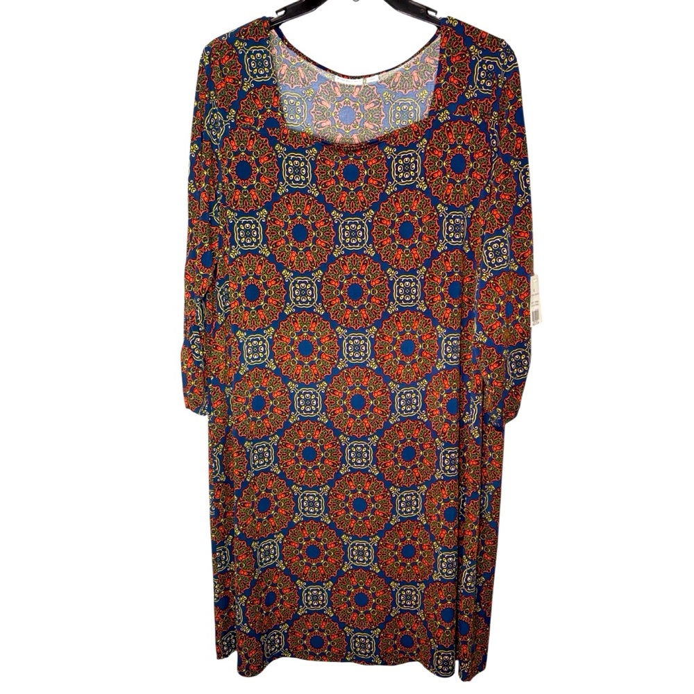 Kim Rogers Women XL Navy Blue Red Yellow Geometric Print Long Sleeve Dress